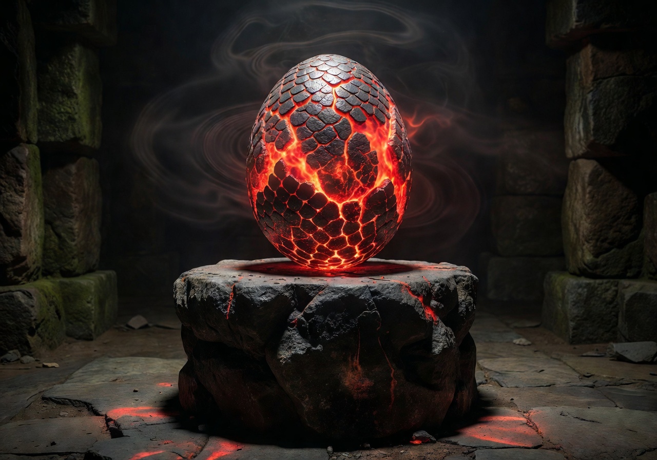 Glowing lava red dragon egg resting on a stone pedestal