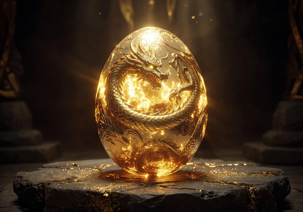 Brilliant gold legendary dragon egg shining brightly