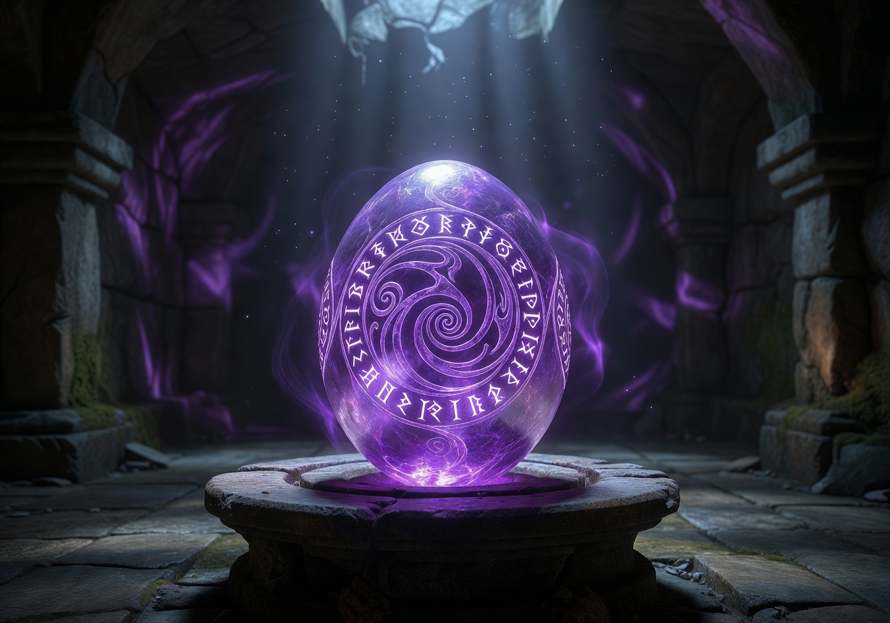 Pulsing purple mystical dragon egg with runic patterns
