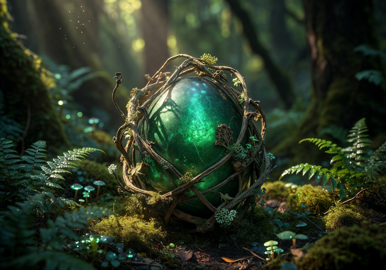 Vibrant green dragon egg wrapped in fossilized vines